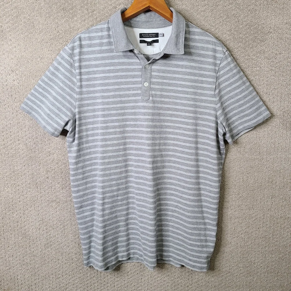 Banana Republic Polo Mens XL Gray Striped Performance Pique Standard Fit Cotton